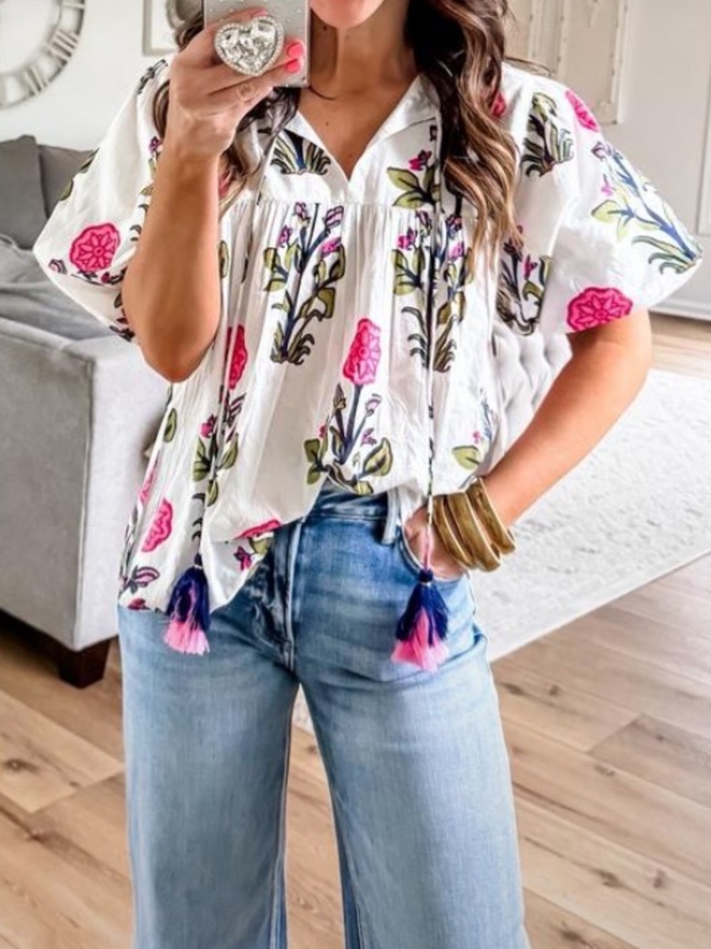 THML White Boho Floral Tunic with Pink and Blue Tassels🌻